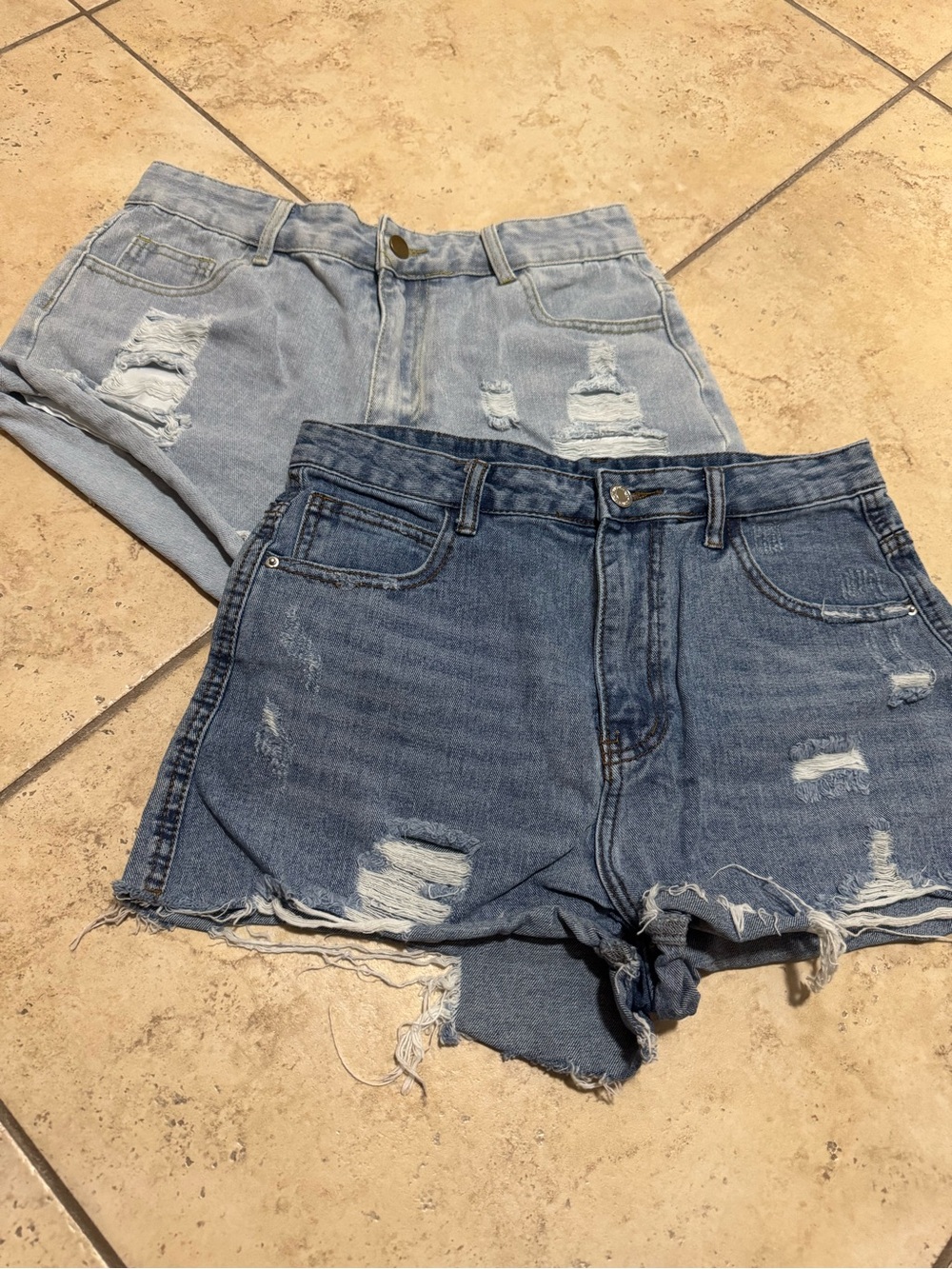 SHEIN Two-Pair Distressed Denim Shorts — Light Blue & Medium Blue